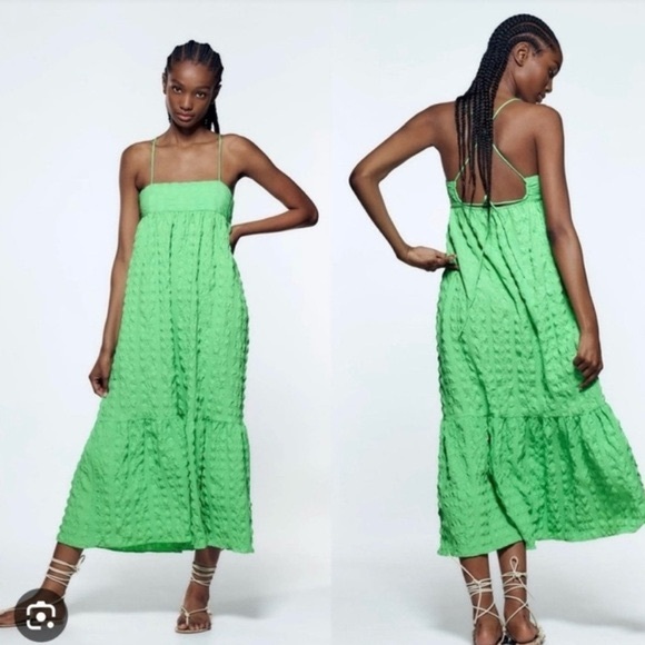 NEW ZARA Green Textured Maxi Dress - Picture 1 of 2
